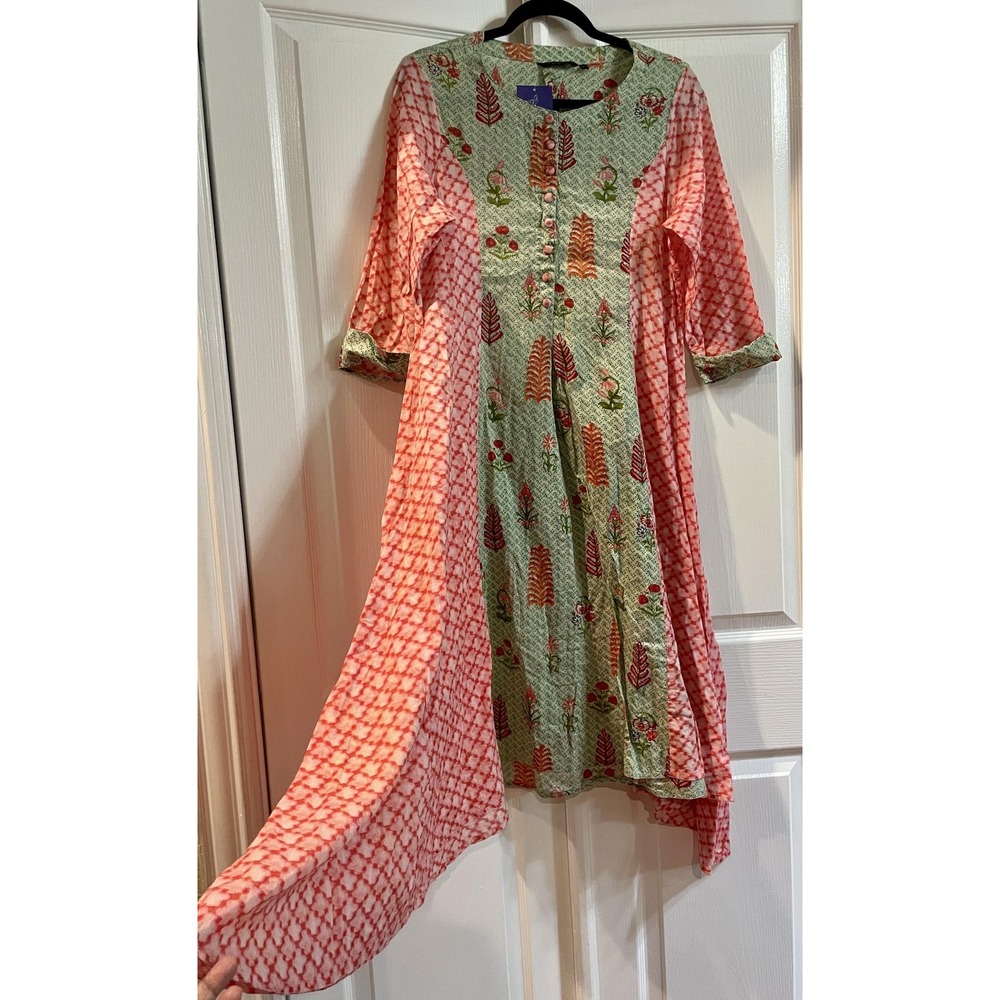 Melange Dress Womens L Multicolor Floral 3/4 Sleeve Button Front Maxi Boho